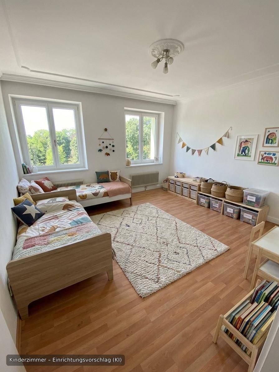 Freundliches Kinderzimmer mit zwei Betten, Holzboden und viel Tageslicht, liebevoll dekoriert.