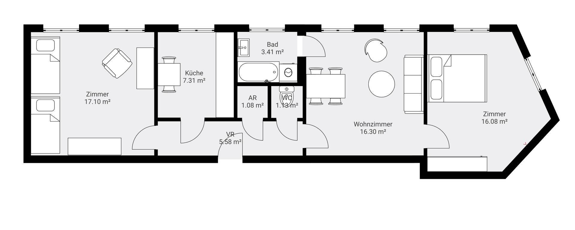 Grundriss der Wohnung mit drei Zimmern, Küche, Bad und separatem WC, übersichtlich dargestellt.