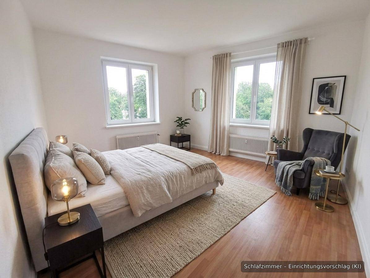 Gemütliches Schlafzimmer mit großem Bett, Sessel und zwei Fenstern, hell und modern eingerichtet.
