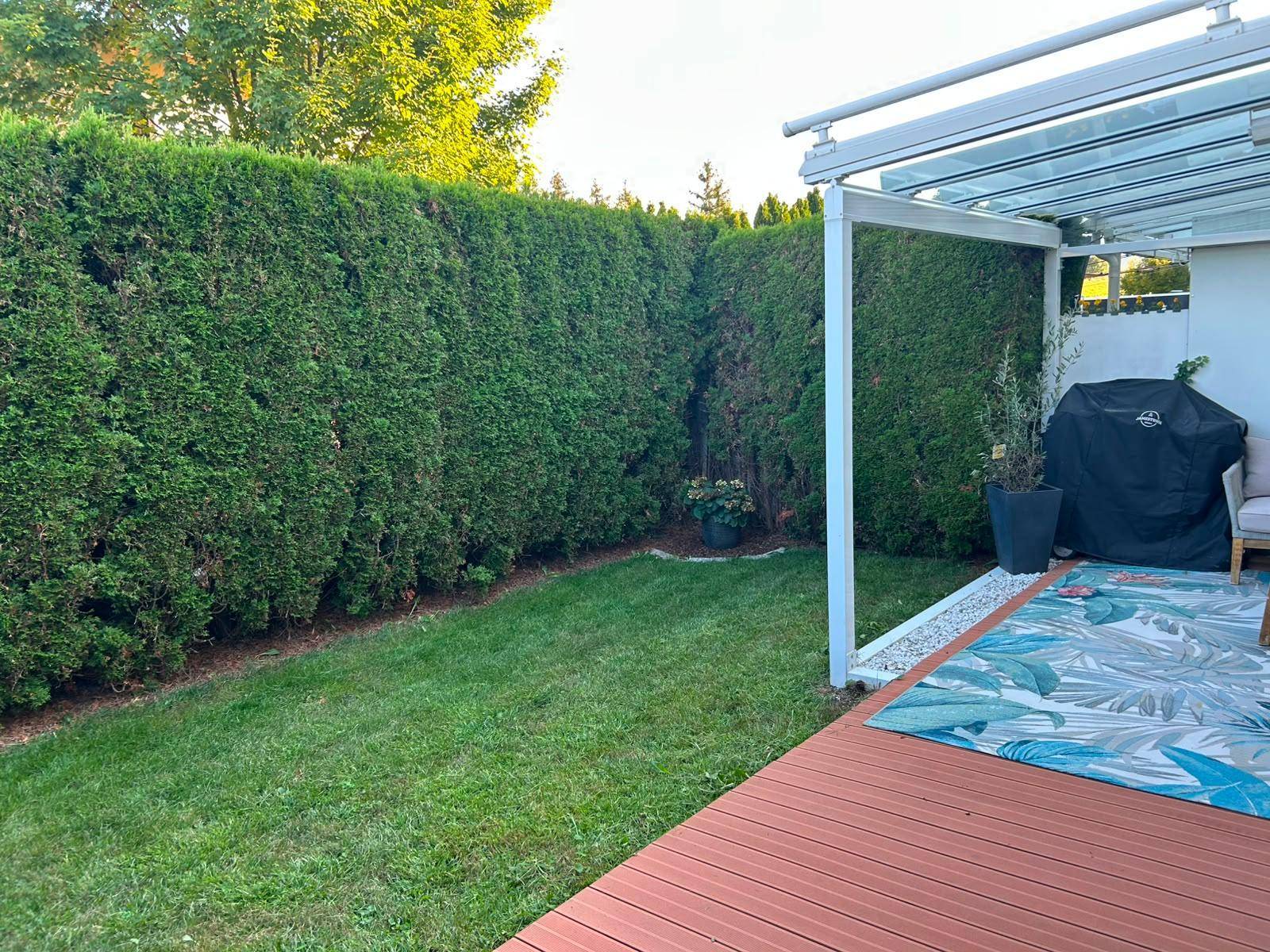 Grüner Gartenbereich mit Rasenfläche und hoher Hecke, angrenzend an die überdachte Terrasse.