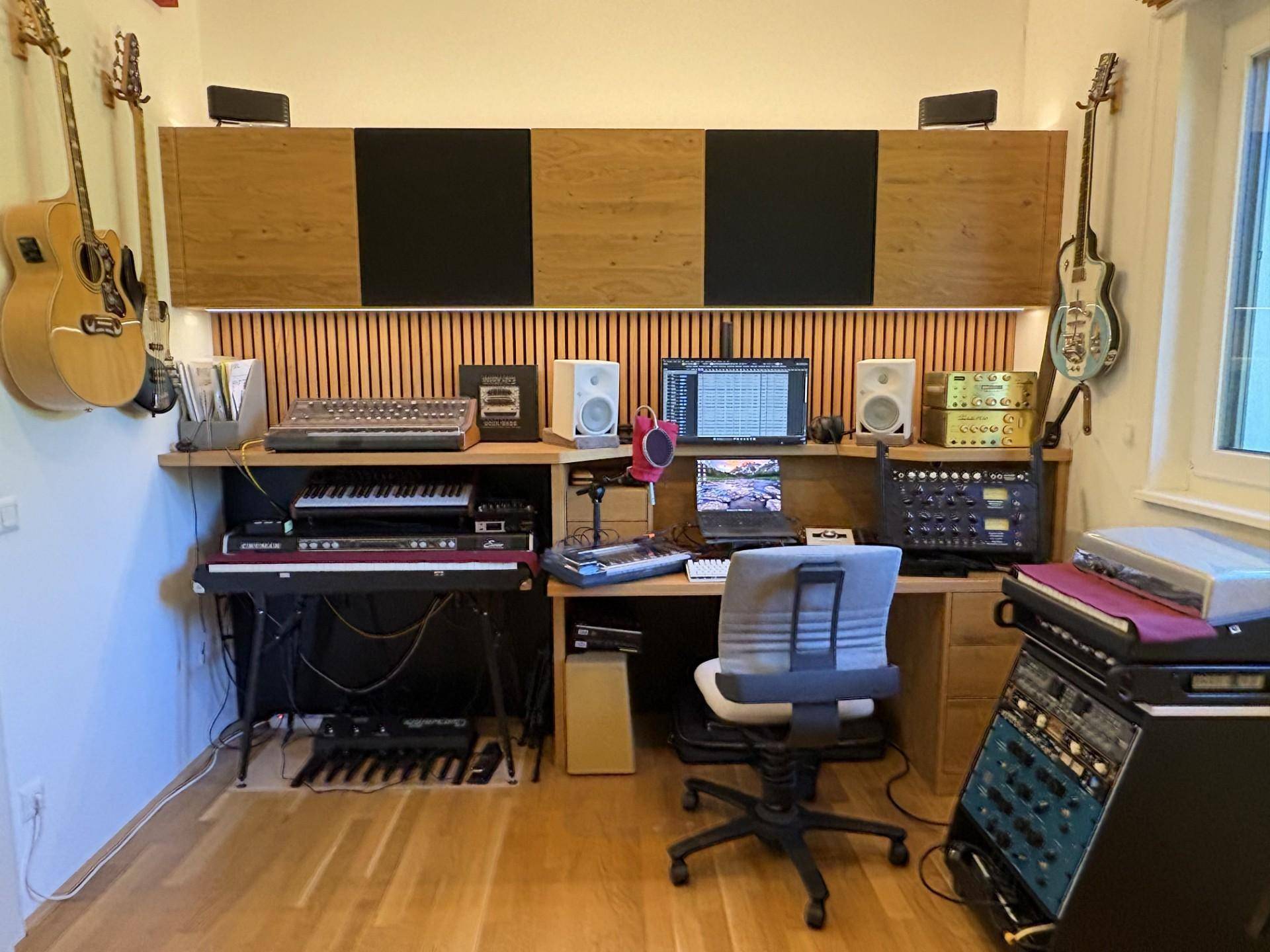 Professionelles Musikstudio mit Akustikpaneelen, mehreren Instrumenten und technischer Ausstattung.