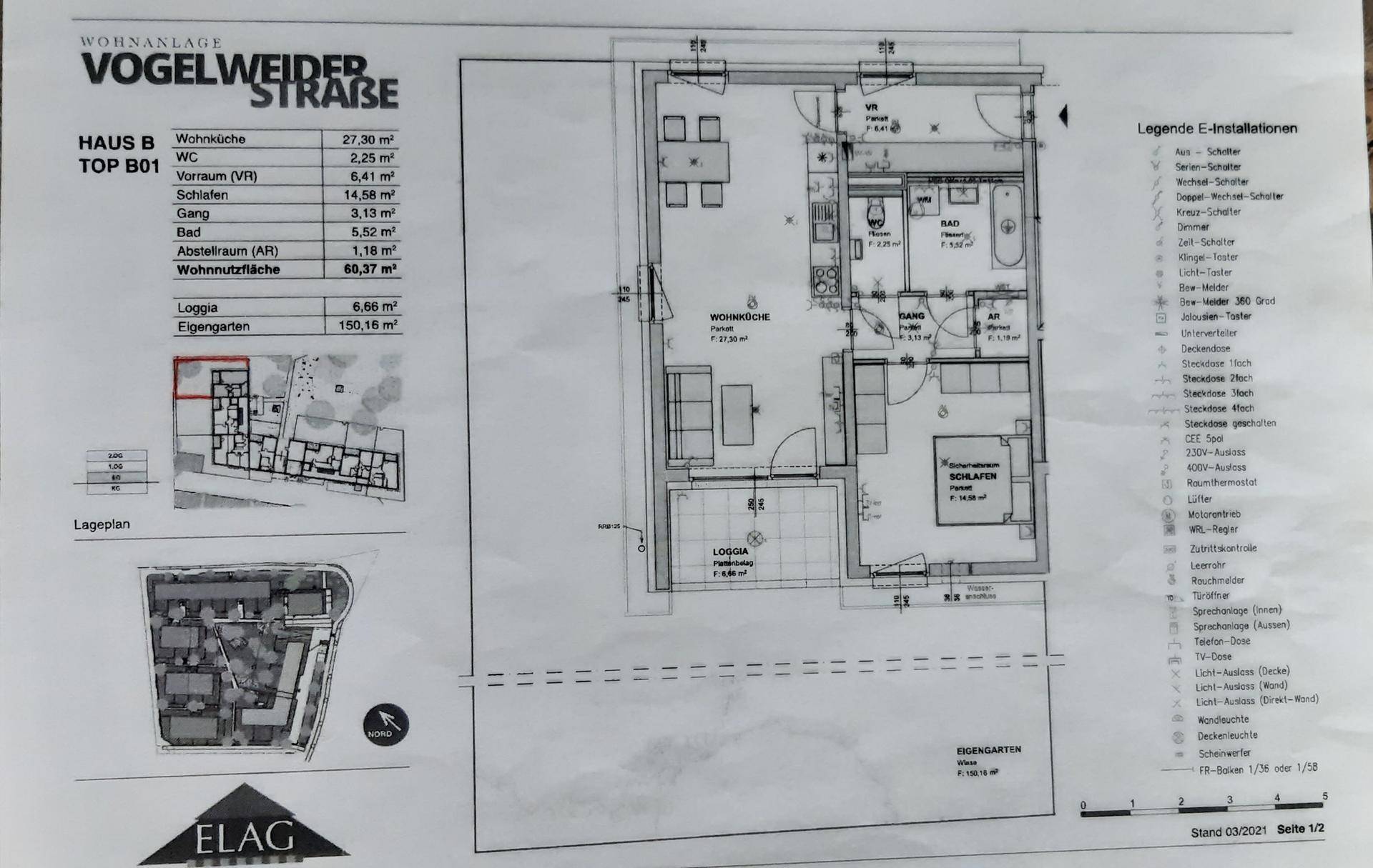 Detaillierter Grundriss einer Wohnung mit Wohnküche, Schlafzimmer, Bad, Loggia und eigenem Gartenbereich.
