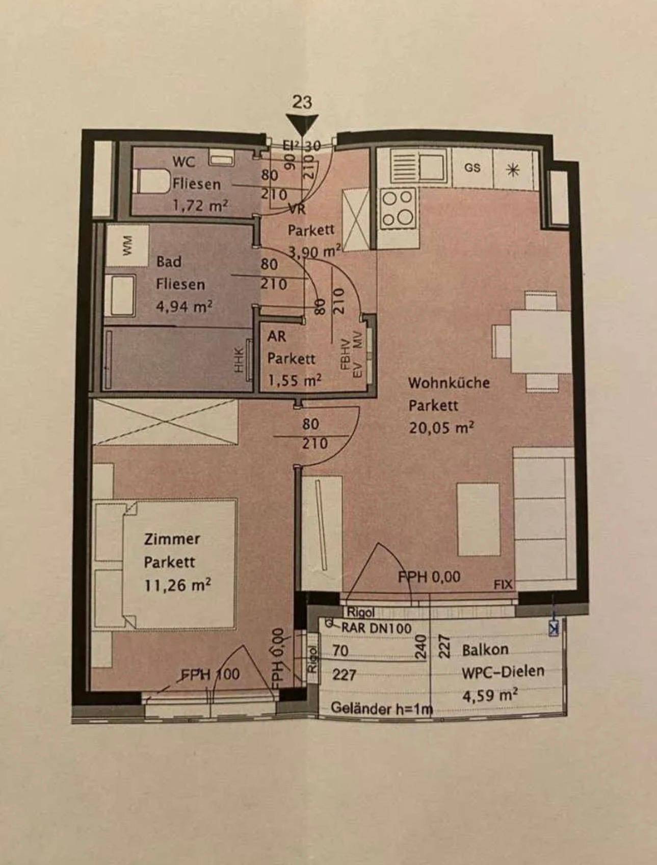 Detaillierter Grundriss einer Wohnung mit Wohnküche, Schlafzimmer und Balkon.