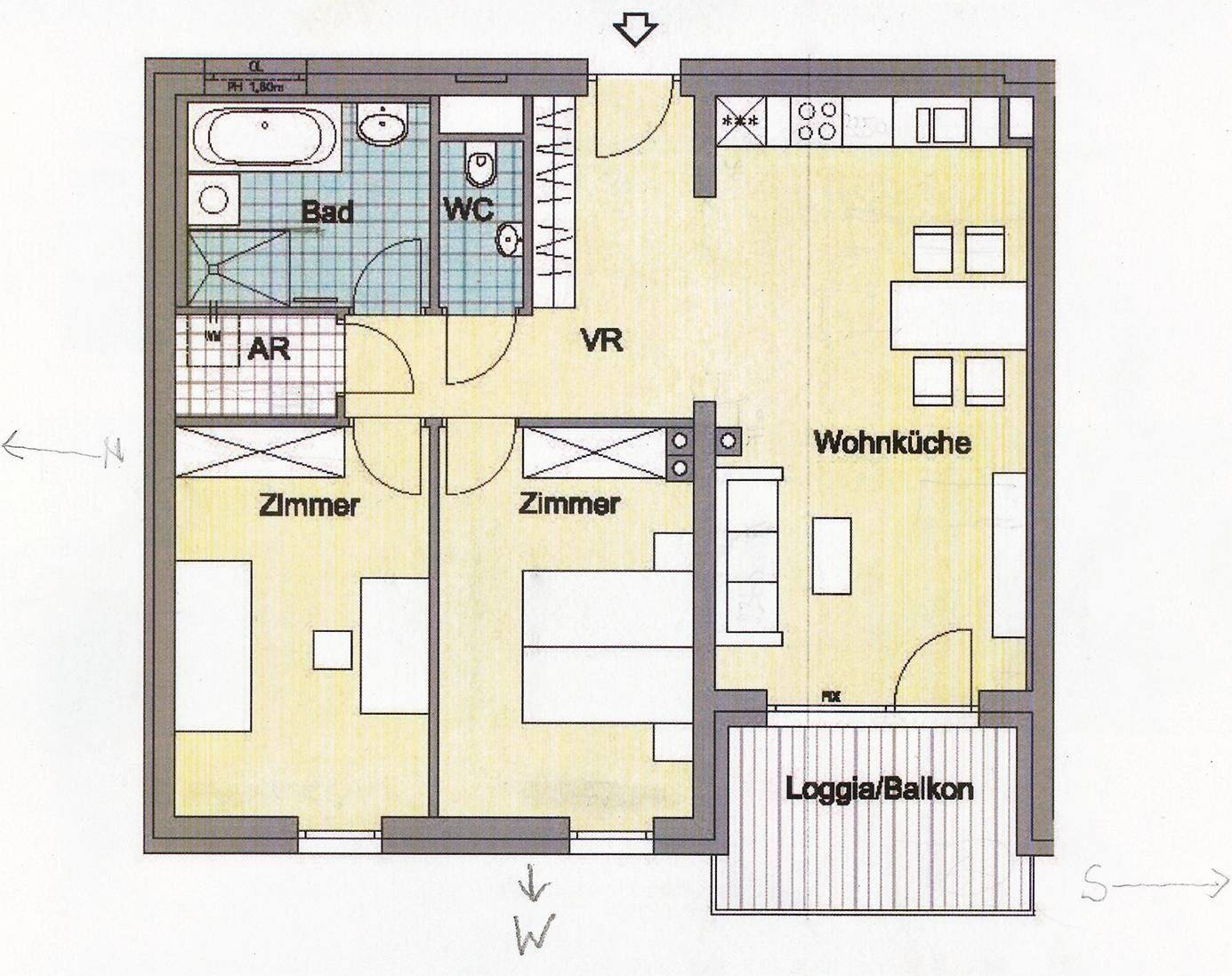Grundriss einer Wohnung mit Wohnküche, zwei Zimmern, Bad, WC und Loggia/Balkon.