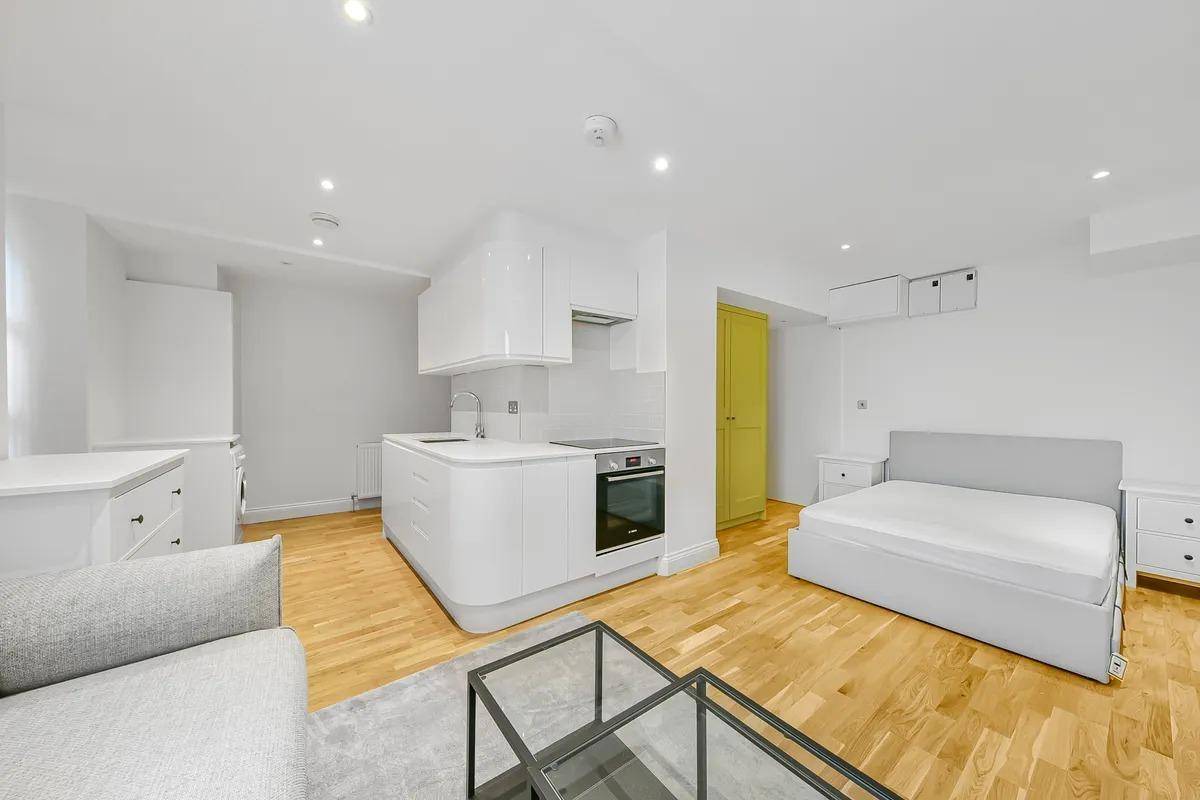 Offenes Studio-Apartment mit integrierter Küche, Wohnbereich und Schlafbereich auf Holzboden.