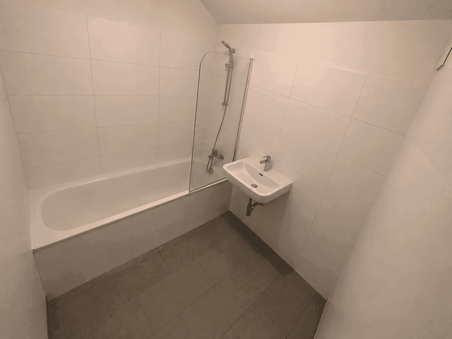 Modernes Badezimmer mit Badewanne, Duschwand und weißem Waschbecken.