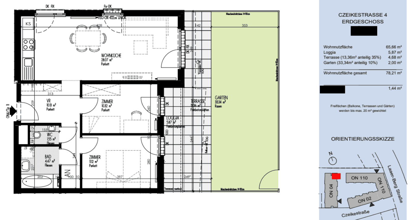 Detaillierter Grundriss des Erdgeschosses mit Wohnbereich, Zimmern und Garten.