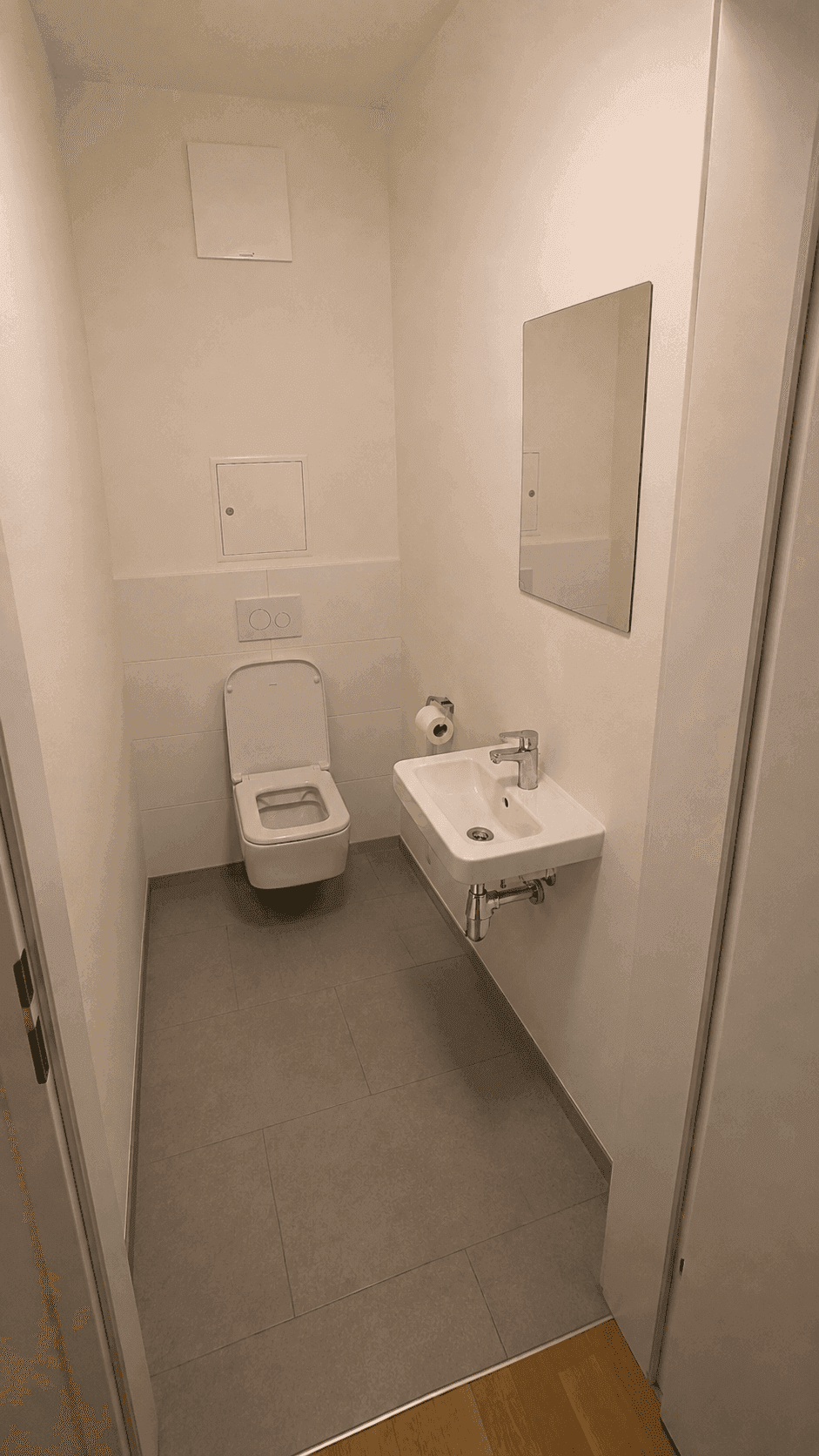 Separates Gäste-WC mit wandhängendem WC, kleinem Waschbecken und Spiegel.