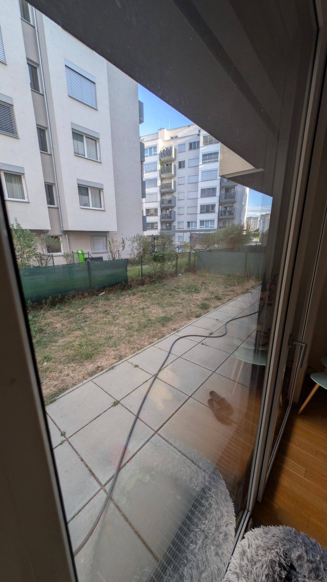 Blick vom Innenraum auf den kleinen privaten Gartenbereich mit gepflastertem Weg.