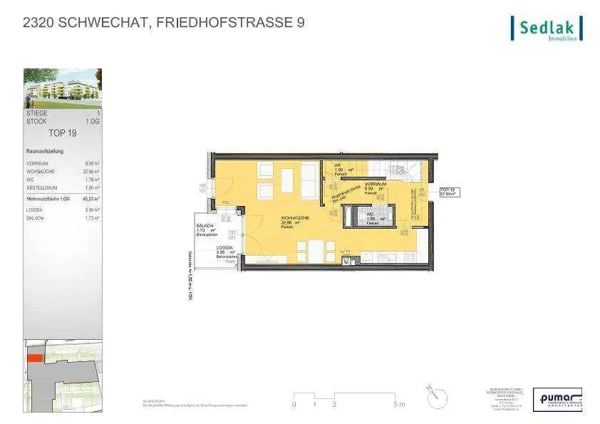 Grundrissplan einer Wohnung mit Balkon und Loggia, detailliert dargestellt.