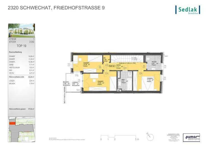 Detaillierter Grundrissplan einer Wohnung mit mehreren Zimmern, Loggia und Balkon.