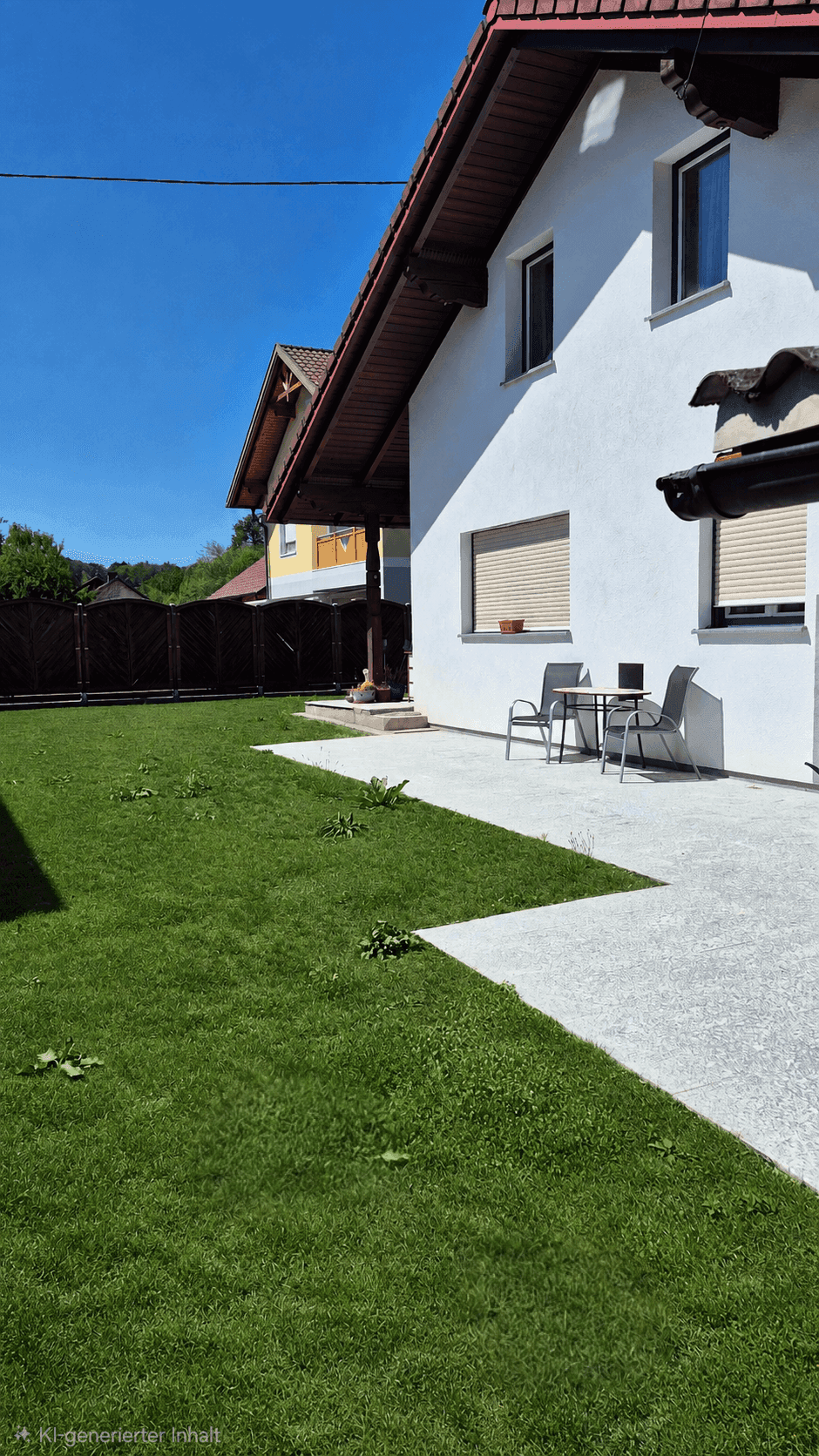Gepflegter Gartenbereich mit Rasenfläche und einem Weg entlang der Hauswand.