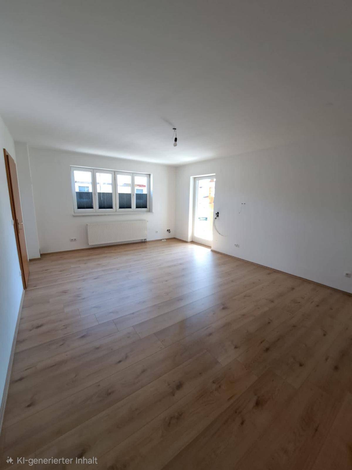Geräumiges Wohnzimmer mit hellem Laminatboden und Zugang zur Terrasse.