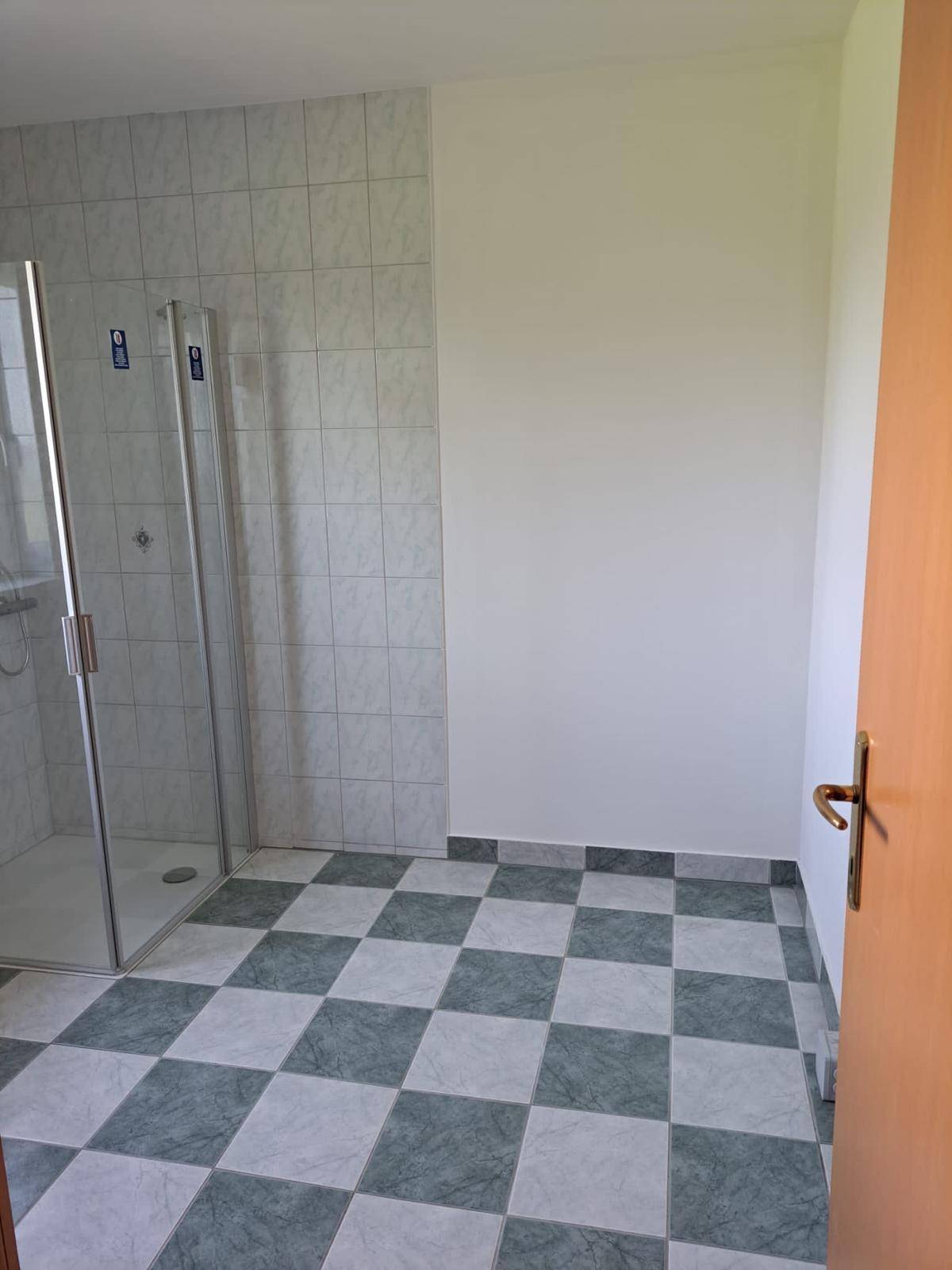 Badezimmer mit Duschkabine und karierten Bodenfliesen in Grün- und Grautönen.