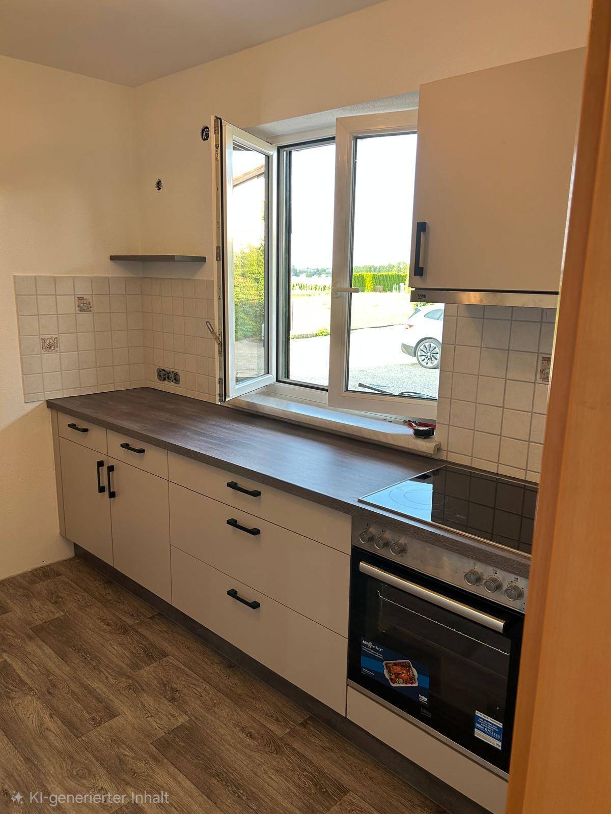 Moderne Einbauküche mit hellem Holzdekor, Kochfeld und Backofen unter einem Fenster.