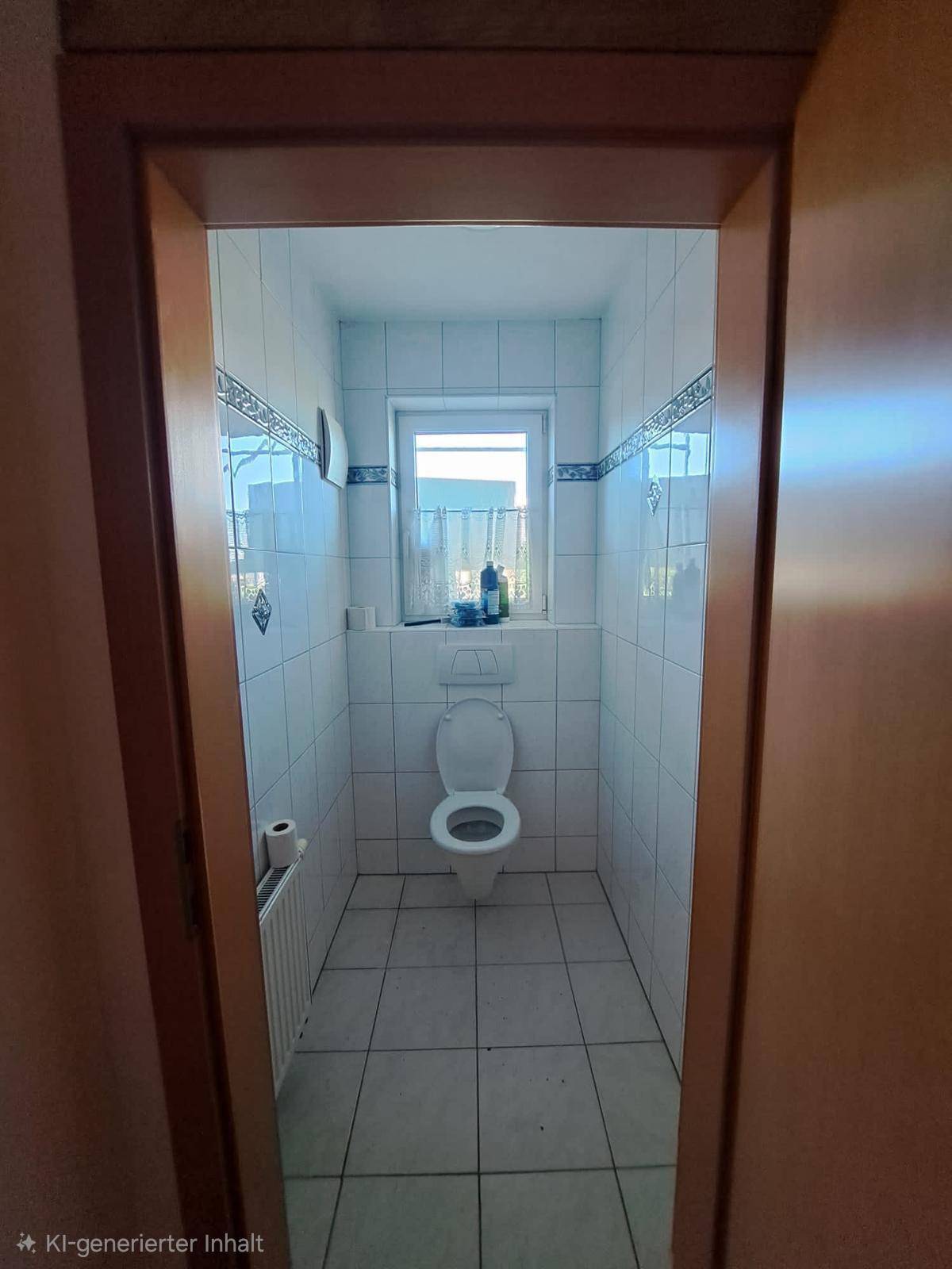 Kleines Gäste-WC mit Fenster, Wandfliesen und Heizkörper.