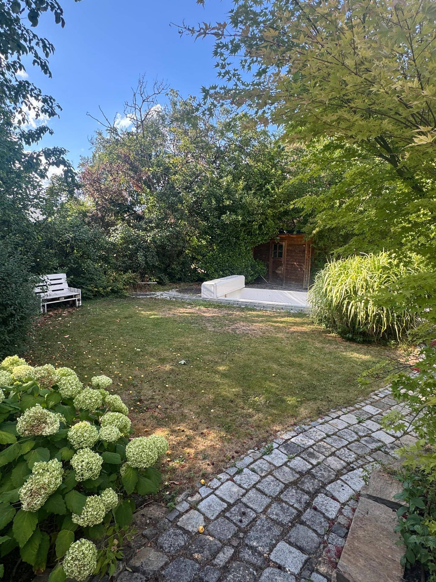 Grüner Garten mit Rasenfläche, altem Baumbestand, Sträuchern und einem kleinen Gartenhaus.