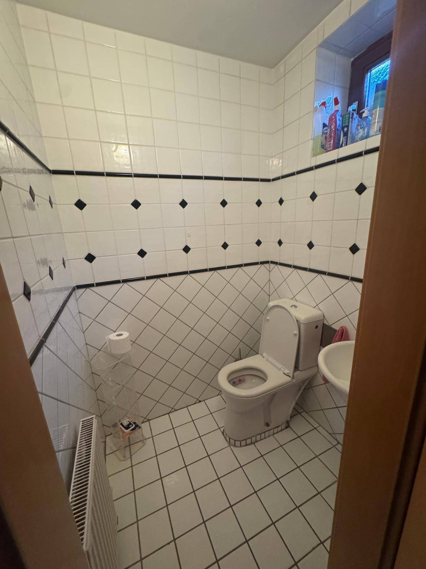Kleines Gäste-WC mit weiß-schwarzen Fliesen, Toilette, Waschbecken und Fenster.