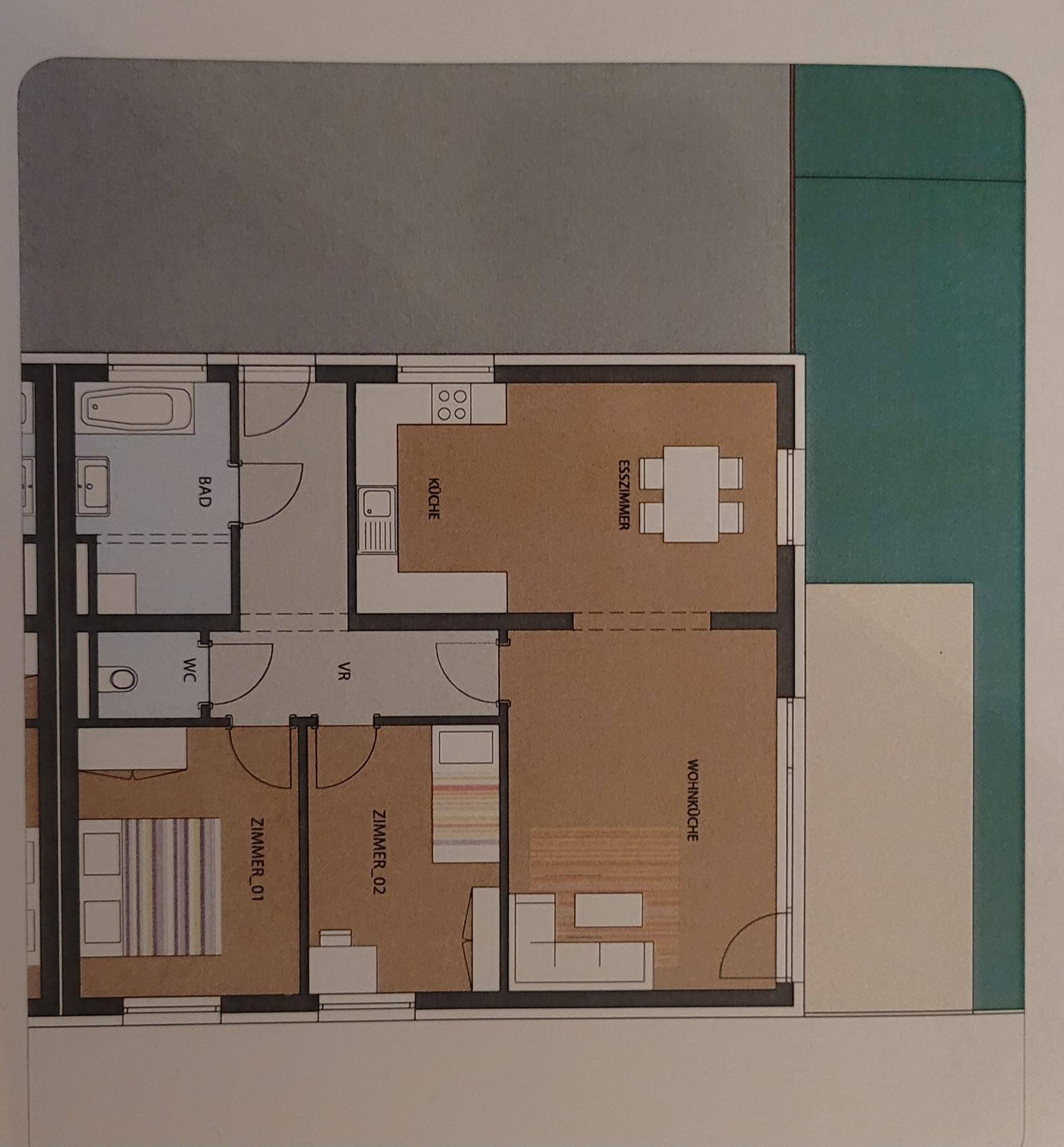 Grundriss des Erdgeschosses mit Wohnküche, Esszimmer, zwei Schlafzimmern und zwei Bädern.