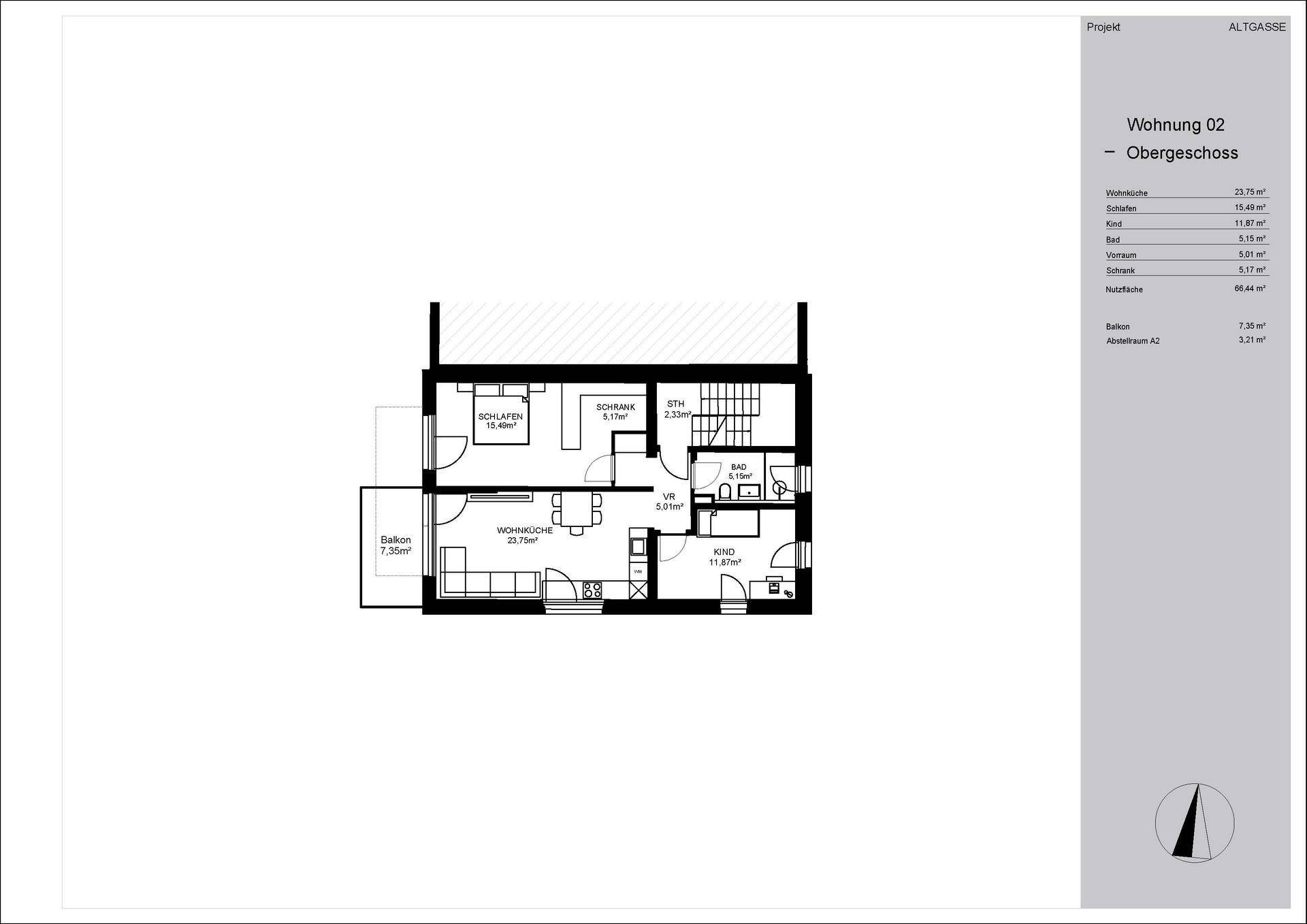 Grundriss der Wohnung 02 im Obergeschoss mit Balkon, Wohnküche, Schlafzimmer und Kinderzimmer.