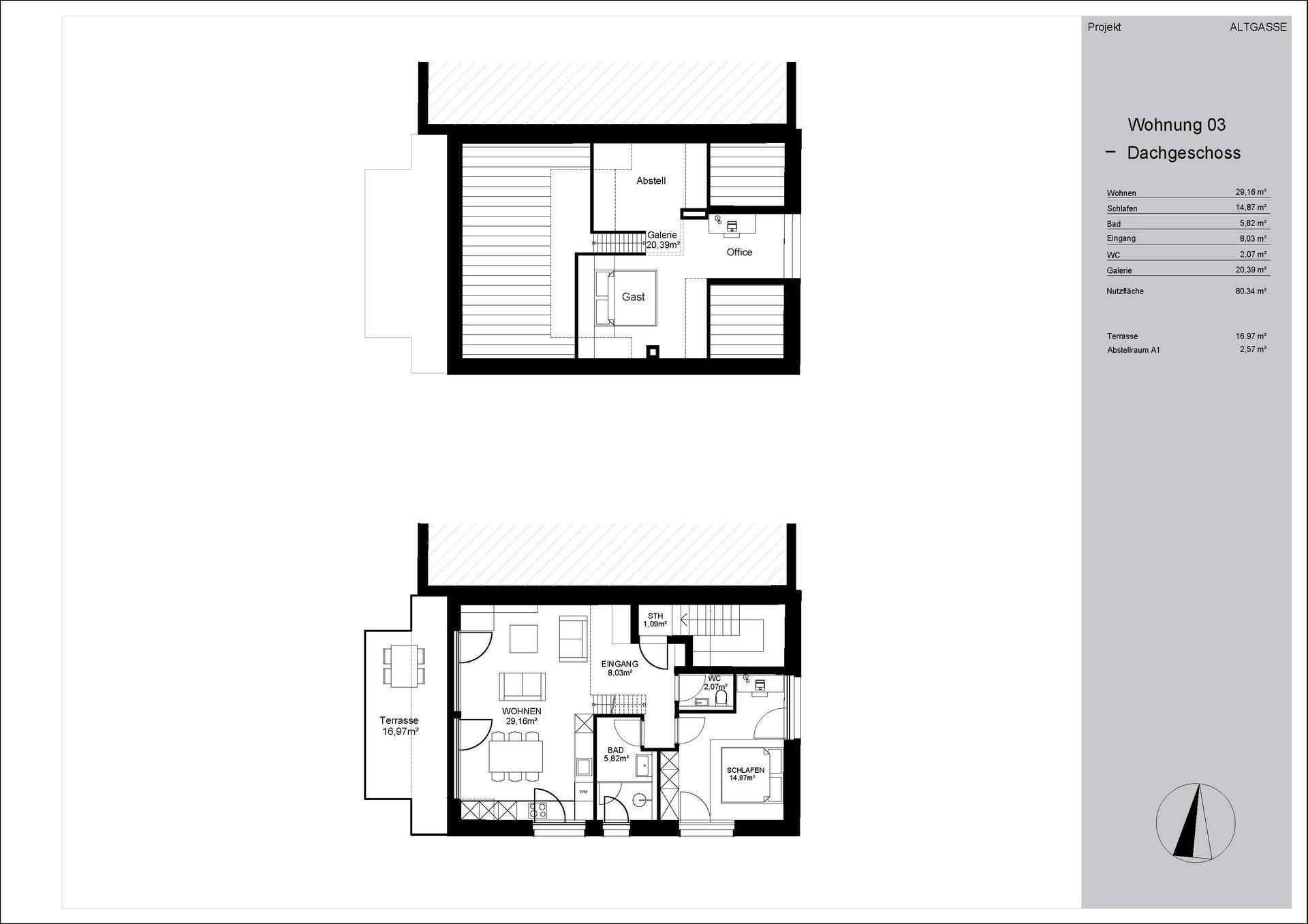 Zweigeschossiger Grundriss der Dachgeschosswohnung 03 mit Terrasse, Schlafzimmer, Büro und Gästezimmer.