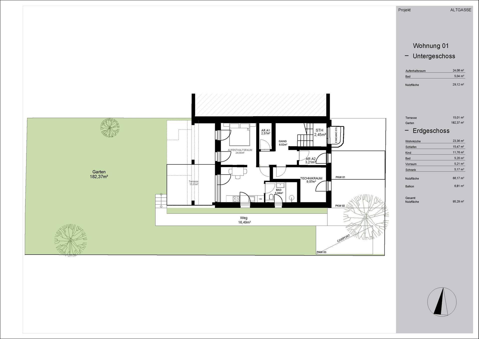 Grundriss der Wohnung 01 im Untergeschoss mit großem Garten, Terrasse und offenem Wohnbereich.
