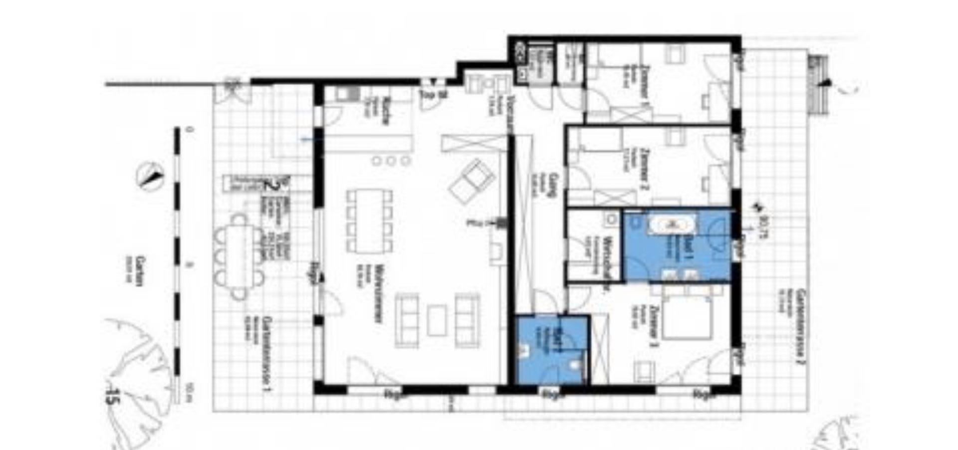 Detaillierter Grundriss mit offenem Wohnbereich, mehreren Zimmern und Gartenterrasse.