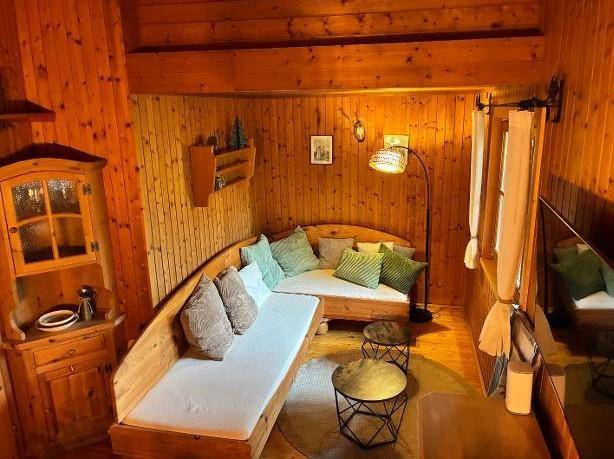Rustikales Wohnzimmer im alpinen Stil mit Holzwänden und bequemen Sitzgelegenheiten für entspannte Stunden.