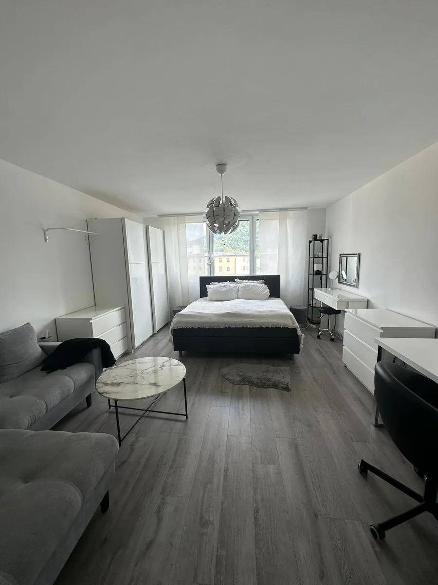 Geräumiges Zimmer mit Schlafbereich, Sofa und Arbeitsplatz, ideal für ein Studio-Apartment.
