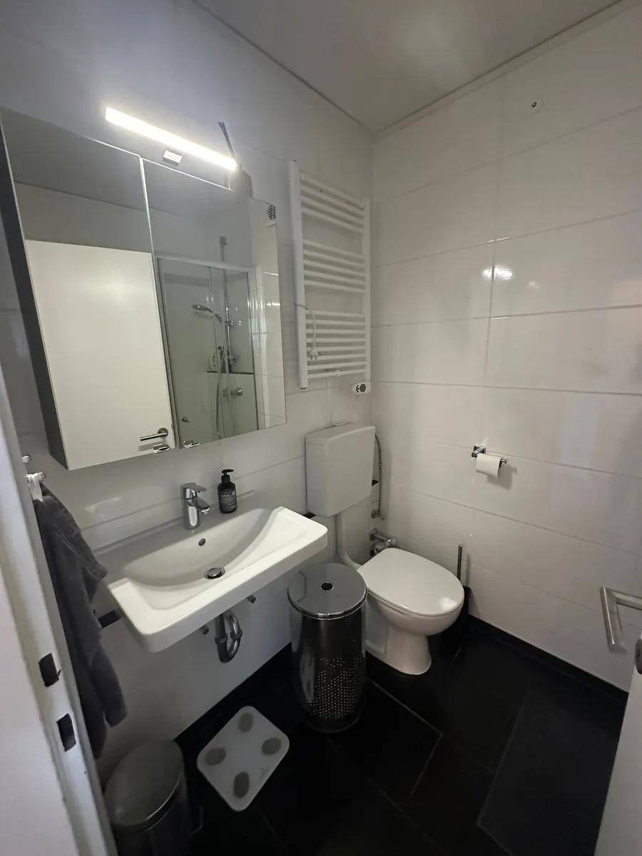 Modernes Badezimmer mit Waschbecken, Toilette, Spiegelschrank und beheiztem Handtuchhalter.