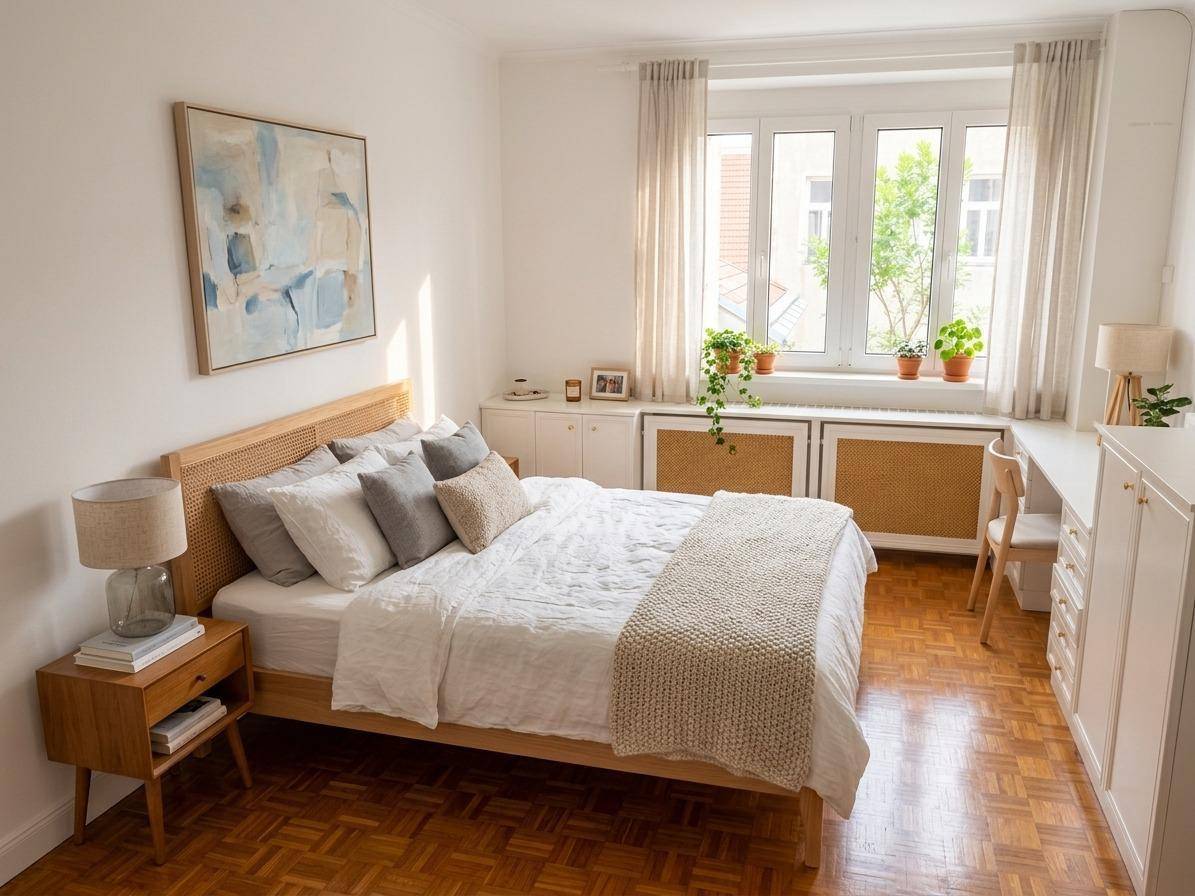 Modern eingerichtetes Schlafzimmer mit Parkettboden, großem Fenster und integriertem Arbeitsbereich.