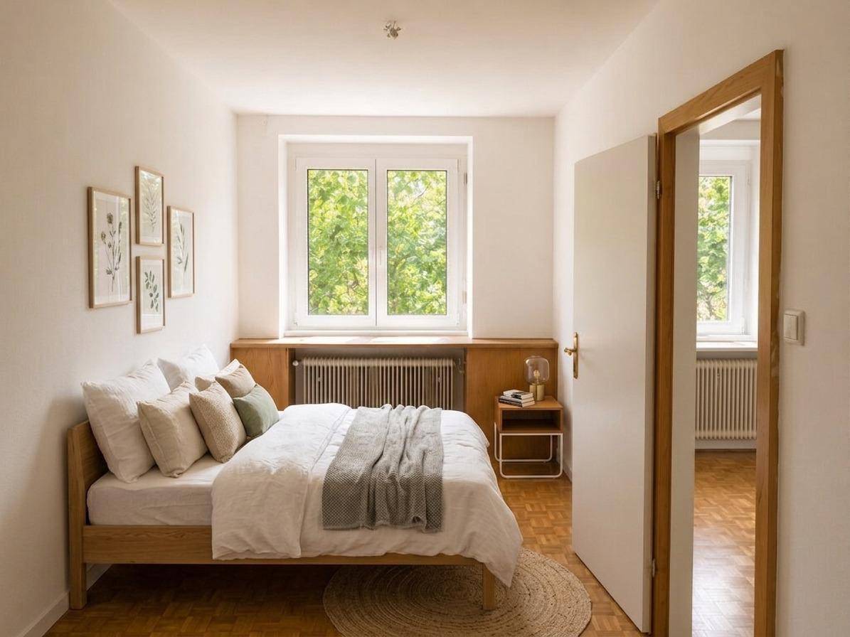 Helles Schlafzimmer mit Holzbett, Parkettboden und Blick auf grüne Bäume.