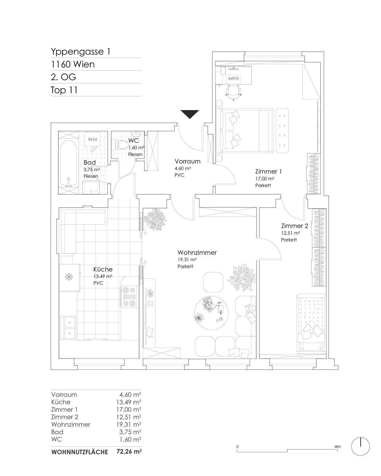Schwarz-Weiß-Grundriss der Wohnung mit Raumaufteilung und Flächenangaben.