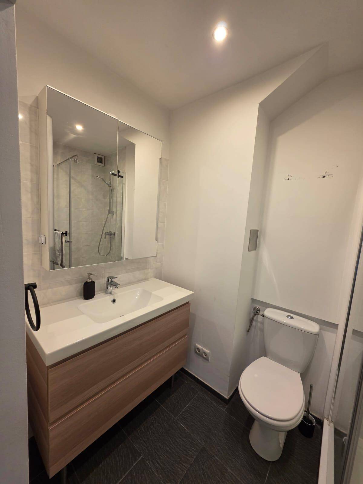 Badezimmer mit modernem Waschtisch, Spiegelschrank und Toilette.