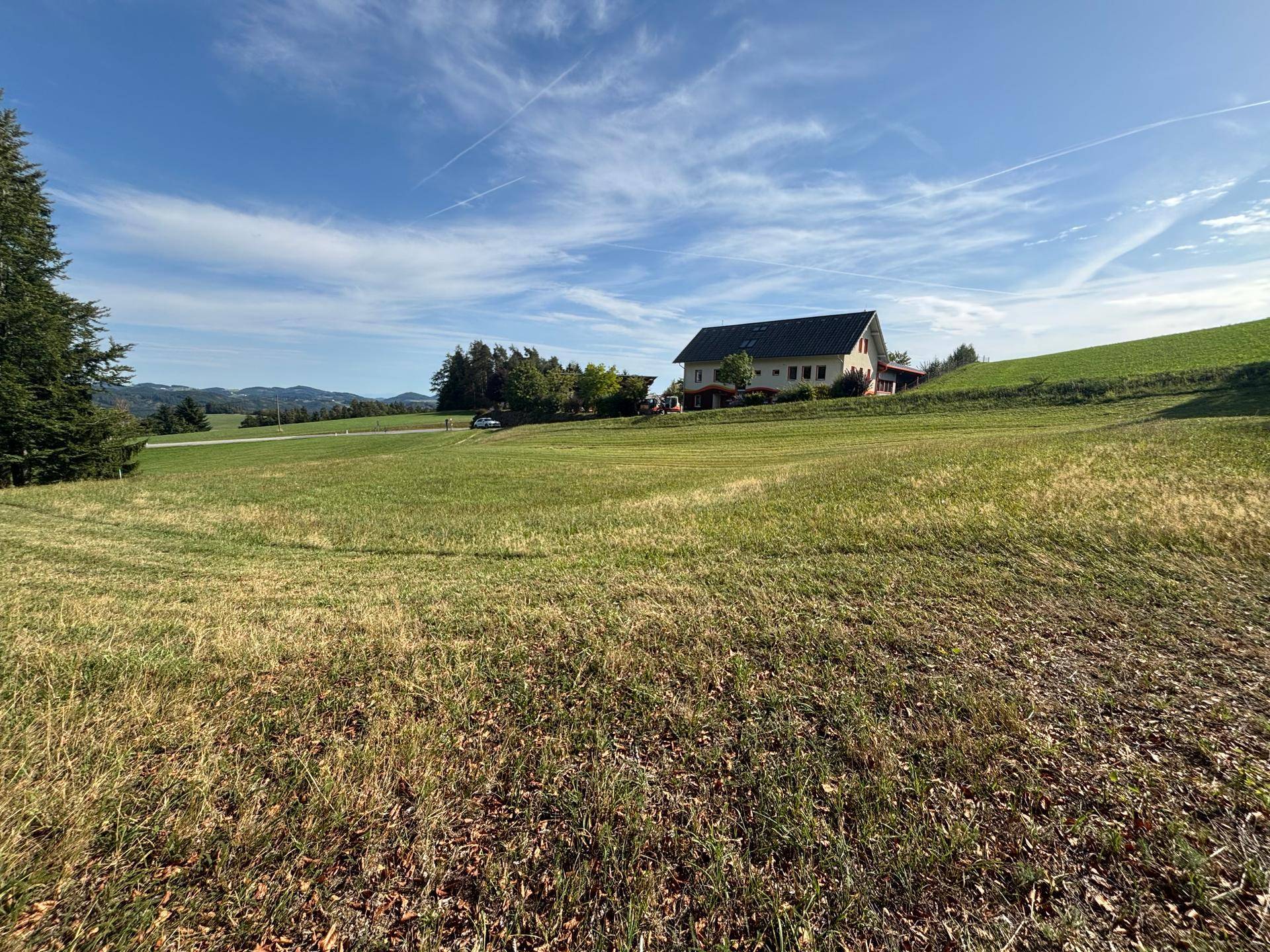 Panoramablick über eine weite Wiesenlandschaft mit einem Haus und Bergen am fernen Horizont unter blauem Himmel.