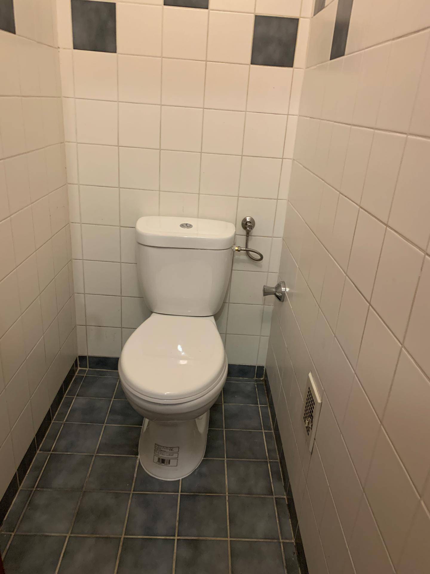 Kleines WC mit weißer Toilette und hellen Fliesen an Wänden und Boden.