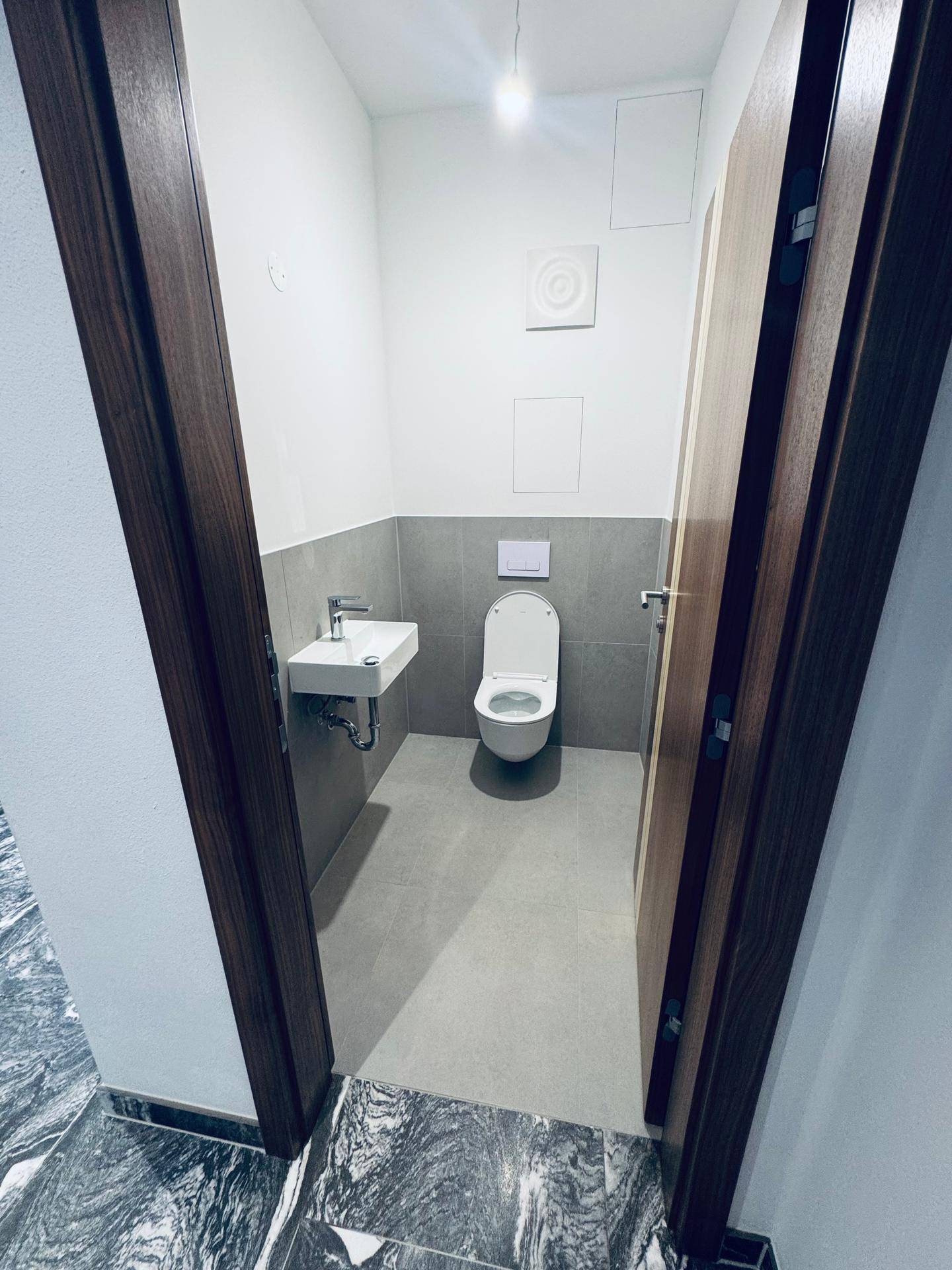 Funktionales Gäste-WC mit wandhängender Toilette und kleinem Waschbecken, modern gefliest.