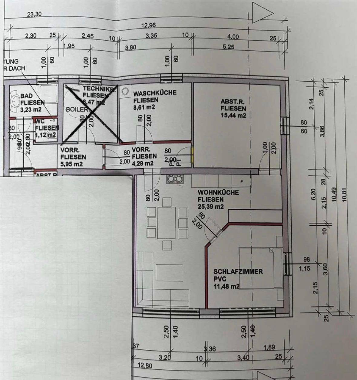 Detaillierter Grundriss mit Raumaufteilung für Bad, Waschküche, Wohnküche und Schlafzimmer.