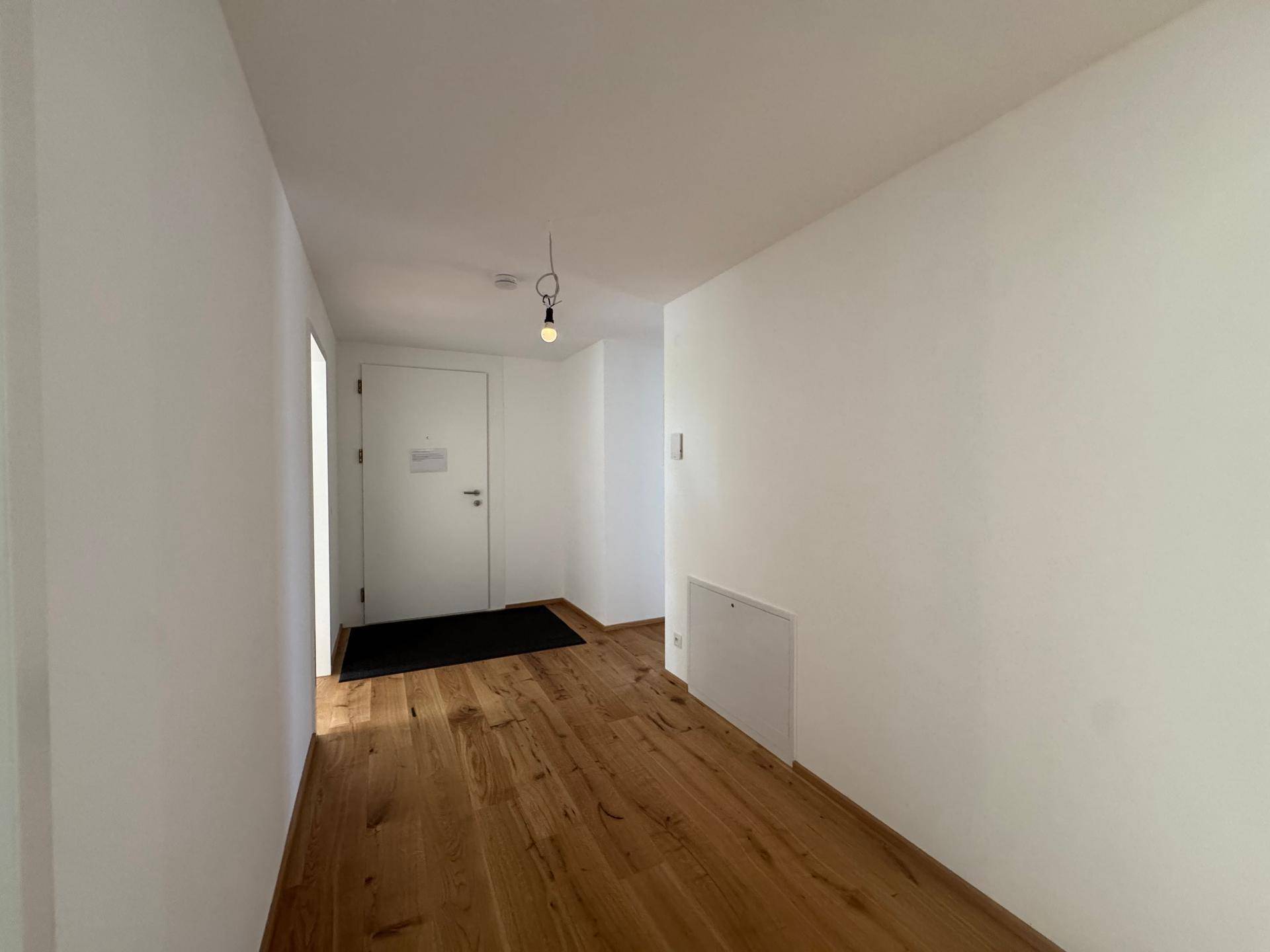 Heller Eingangsbereich mit Holzboden und weiß gestrichenen Wänden, führt zu den Zimmern.