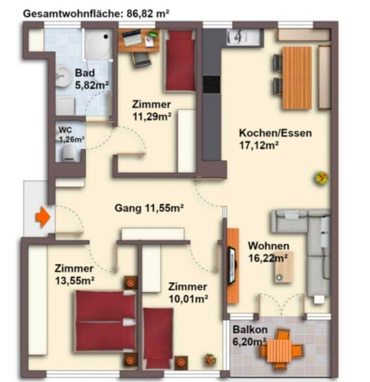 Detaillierter Grundriss einer Wohnung mit 86,82 m² Wohnfläche und Balkon.