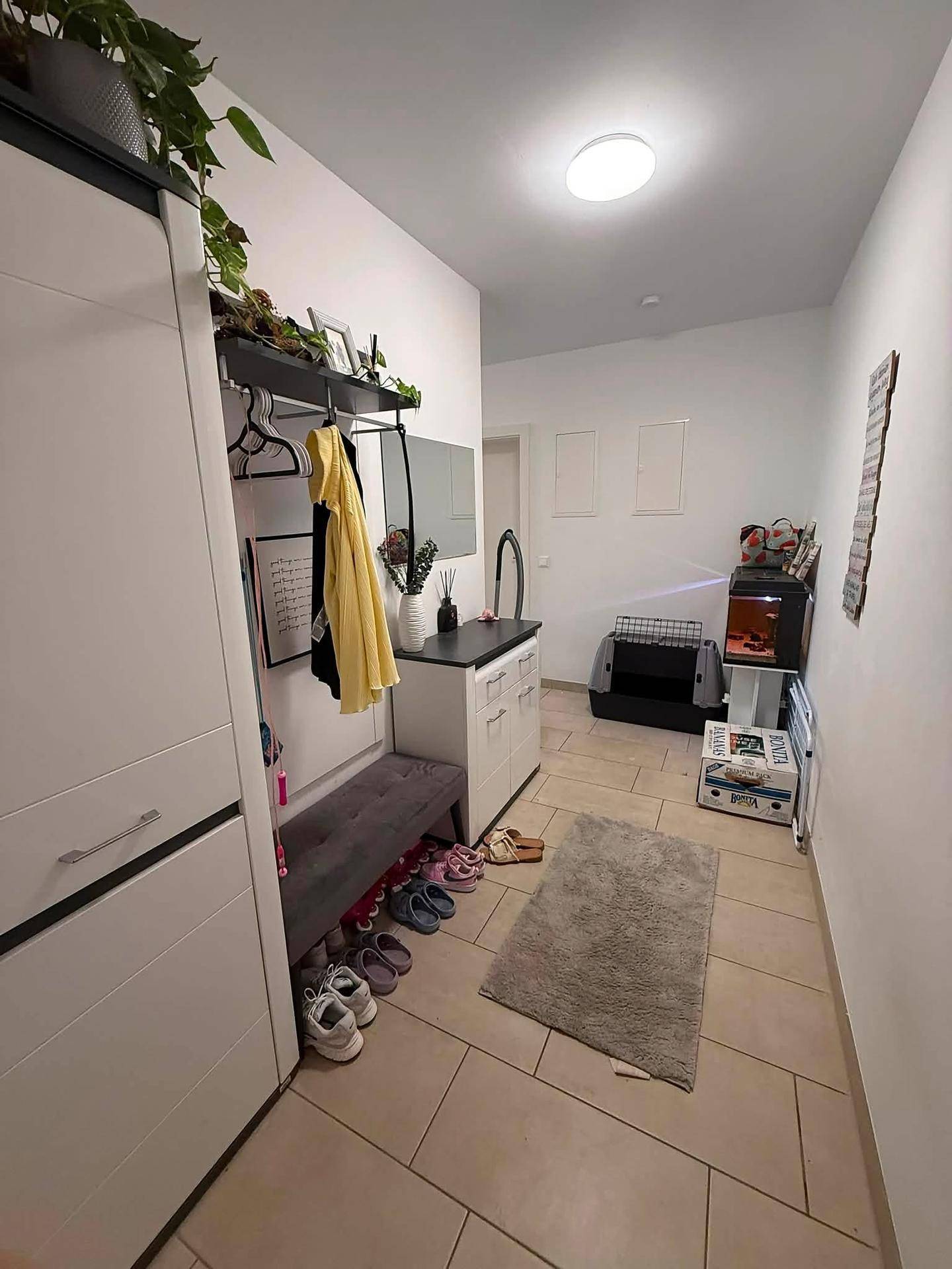 Heller Flur mit Garderobe, Spiegel und praktischem Stauraum.
