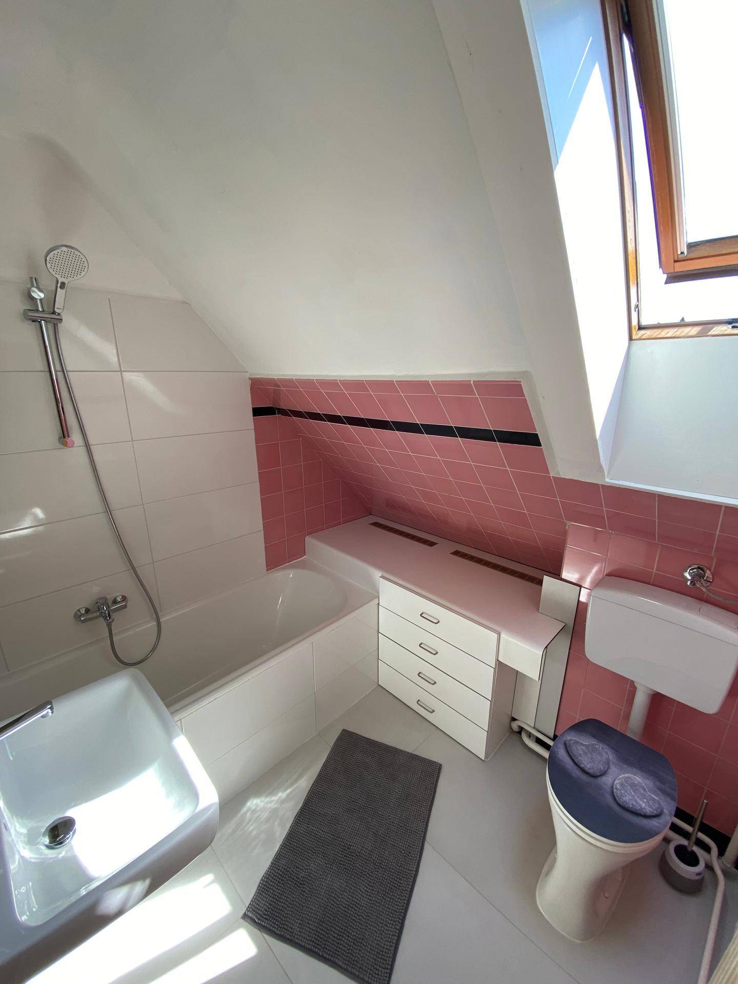 Badezimmer im Dachgeschoss mit Badewanne, Toilette, Waschbecken und Dachfenster.