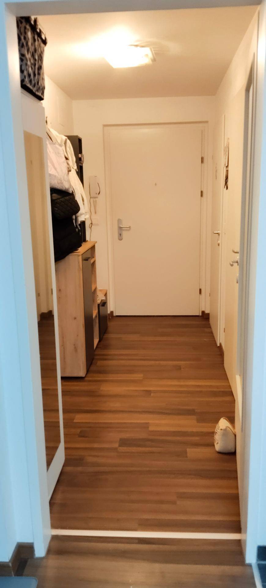Heller Eingangsbereich mit Holzfußboden, weißer Tür und einem Ganzkörperspiegel.
