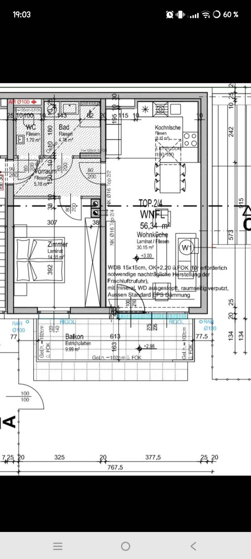 Grundriss einer Wohnung mit Schlafzimmer, Bad, WC, offener Küche und Balkon.