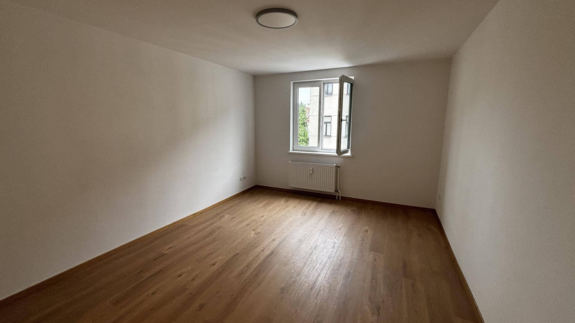 Geräumiges, helles Zimmer mit Holzboden und weiß gestrichenen Wänden, ideal als Wohn- oder Schlafzimmer.