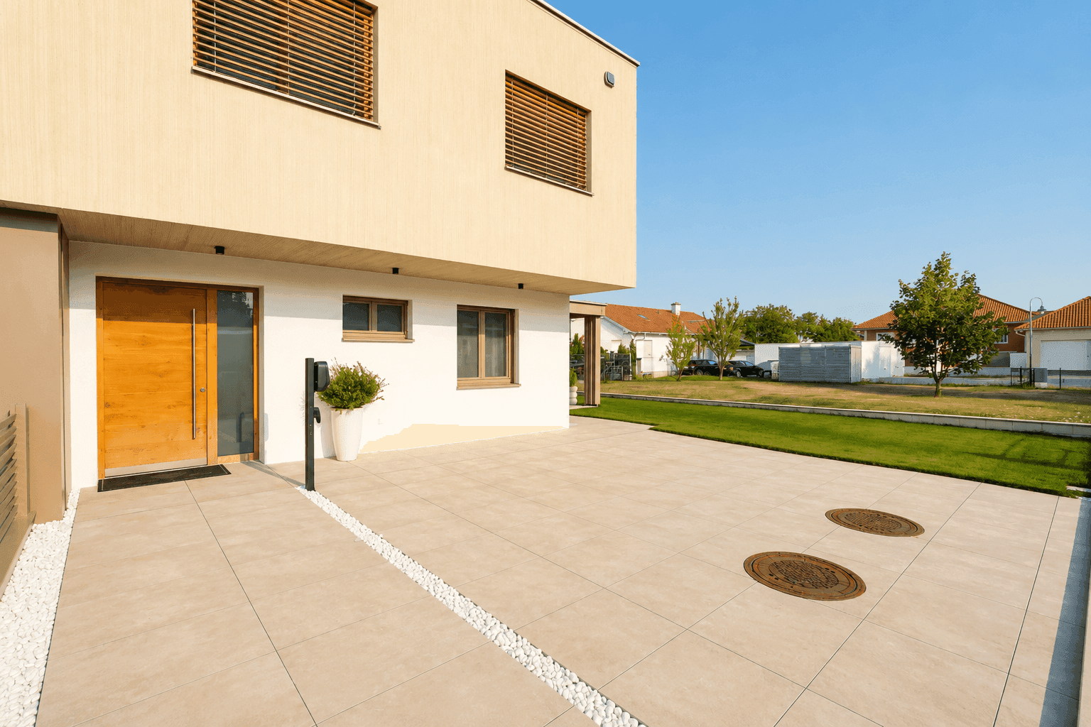 Eingangsbereich des modernen Hauses mit Holztür, gepflastertem Vorplatz und kleiner Bepflanzung.