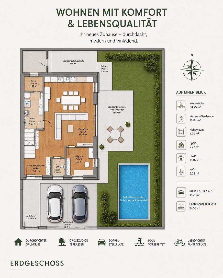 Grundriss des Erdgeschosses mit offenem Wohnbereich, Küche, Terrasse und Doppelstellplatz.