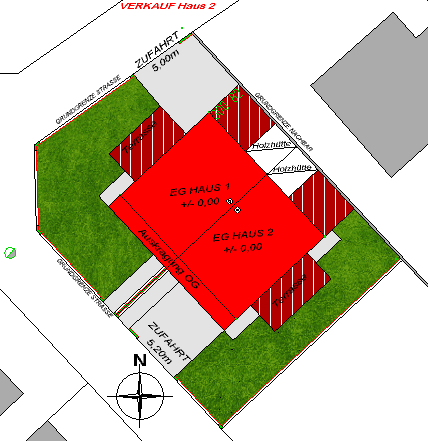 Lageplan des Grundstücks mit zwei Häusern, Zufahrten und Terrassenbereichen.