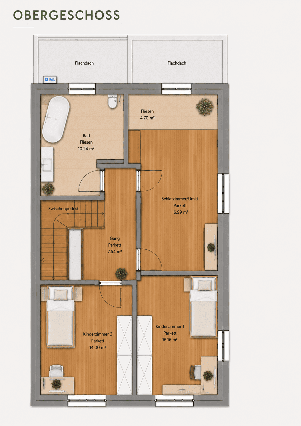 Grundriss des Obergeschosses mit drei Schlafzimmern, Badezimmer und Flachdach.