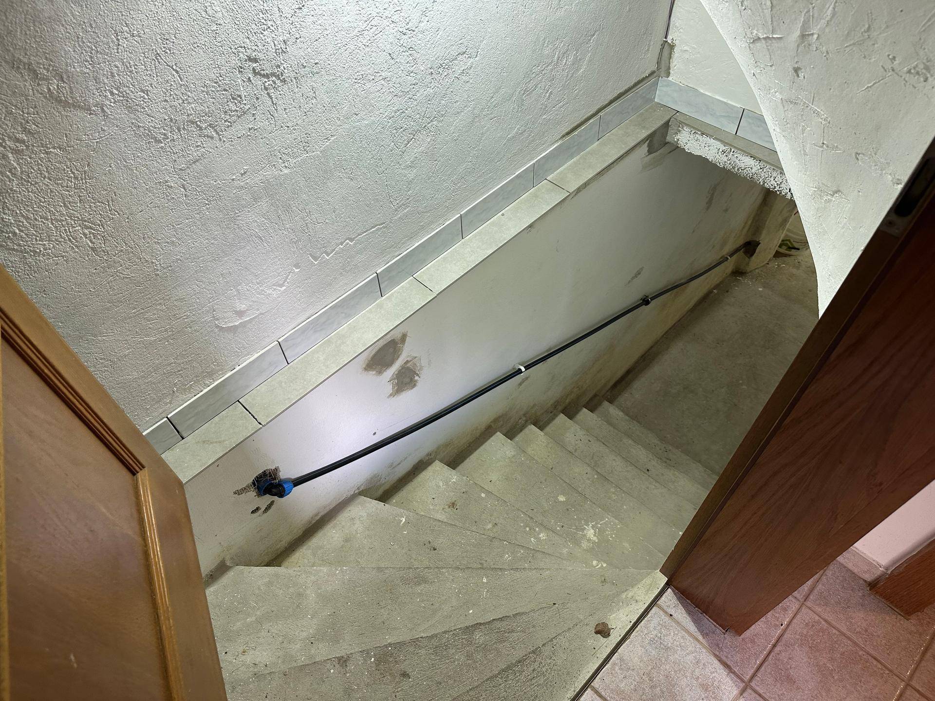 Treppenabgang in den Keller mit Betonstufen und einfacher Wandgestaltung.